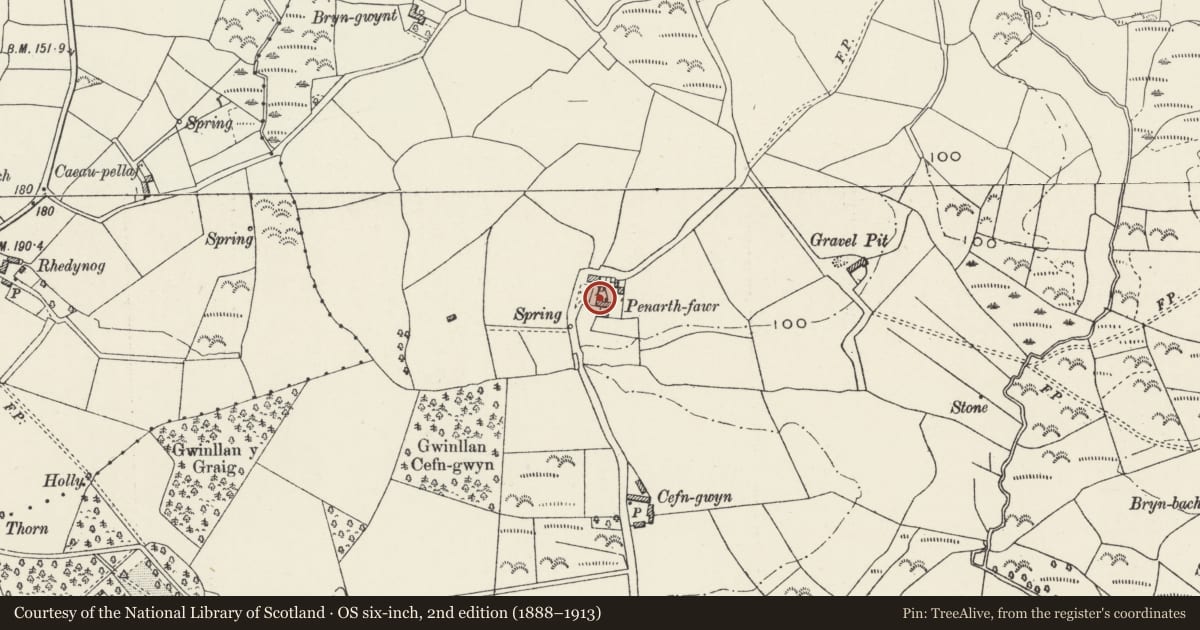 Ordnance Survey six-inch map, 2nd edition (1888–1913) covering the location of Pennarth Fawr, Llanystumdwy, Gwynedd, with a pin at the register's coordinates