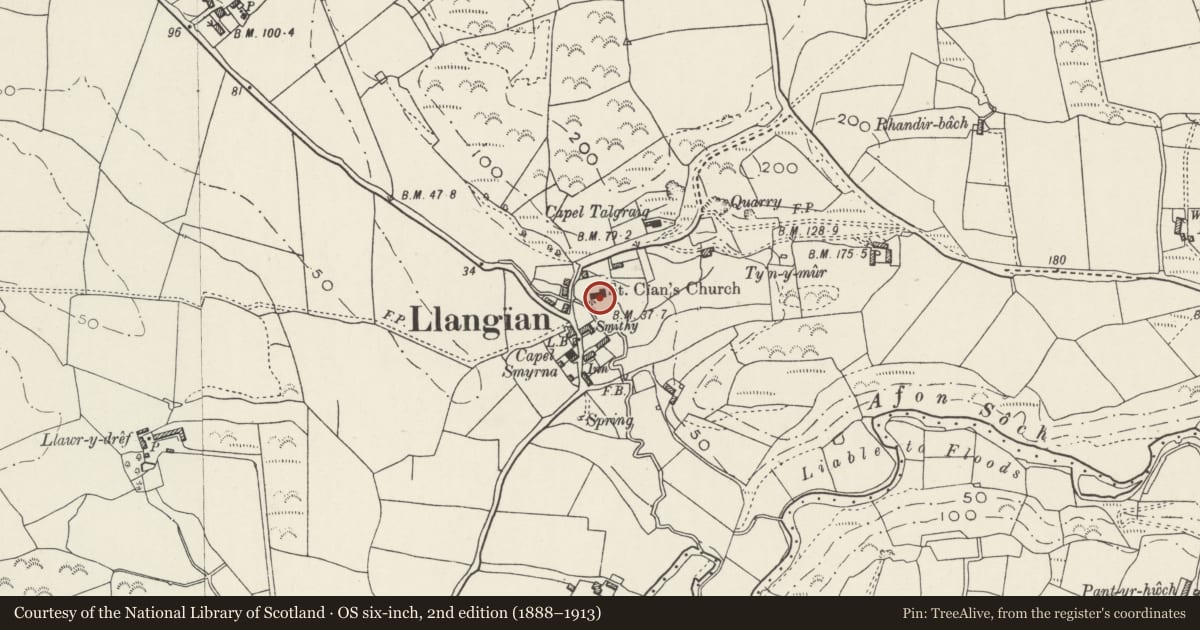 Ordnance Survey six-inch map, 2nd edition (1888–1913) covering the location of Inscribed Stone in St Cian's Churchyard, Llangian, Llanengan, Gwynedd, with a pin at the register's coordinates