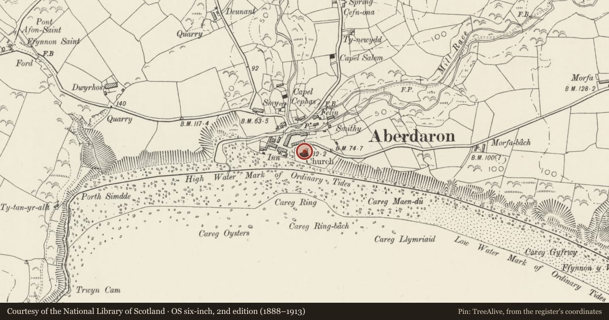 Ordnance Survey six-inch map, 2nd edition (1888–1913) covering the location of The Senacus Stone (formerly in Tudweiliog, Dwyfor), Aberdaron, Gwynedd, with a pin at the register's coordinates