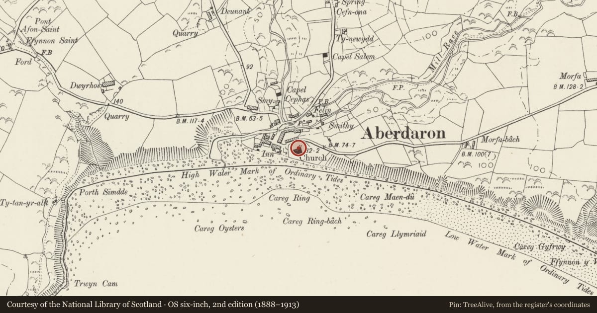 Ordnance Survey six-inch map, 2nd edition (1888–1913) covering the location of The Veracius Stone (formerly in Tudweiliog, Dwyfor), Aberdaron, Gwynedd, with a pin at the register's coordinates