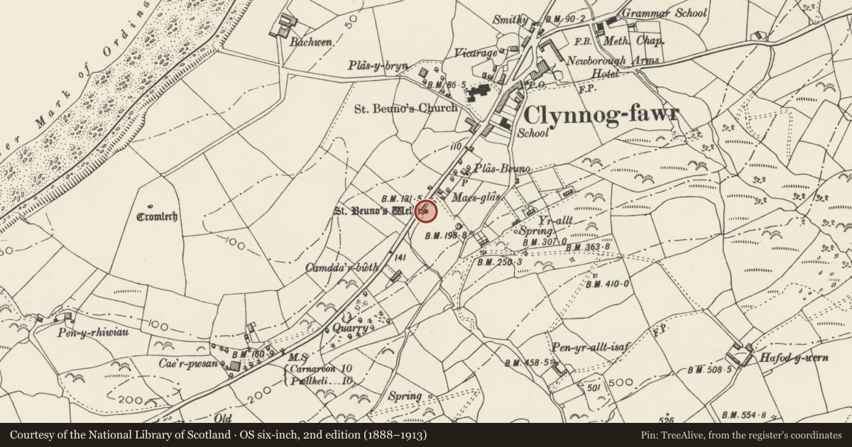 Ordnance Survey six-inch map, 2nd edition (1888–1913) covering the location of St Beuno's Well, Clynnog, Gwynedd, with a pin at the register's coordinates