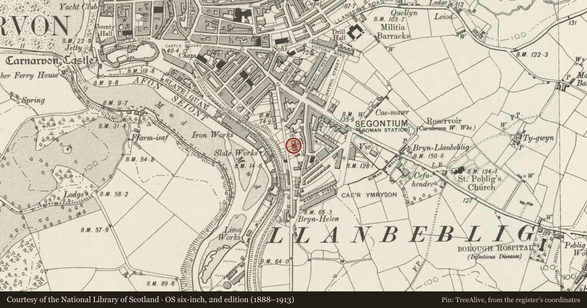 Ordnance Survey six-inch map, 2nd edition (1888–1913) covering the location of Lower Roman Fort, Caernarfon, Gwynedd, with a pin at the register's coordinates