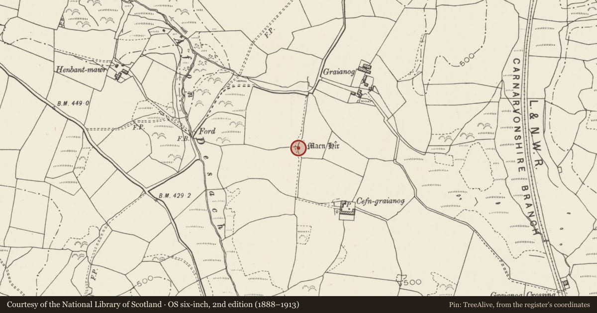 Ordnance Survey six-inch map, 2nd edition (1888–1913) covering the location of Graianog Standing Stone & Round Cairns, Clynnog, Gwynedd, with a pin at the register's coordinates