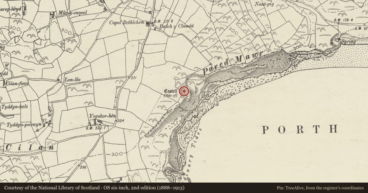 Ordnance Survey six-inch map, 2nd edition (1888–1913) covering the location of Pared Mawr Camp, Llanengan, Gwynedd, with a pin at the register's coordinates