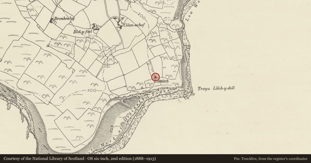 Ordnance Survey six-inch map, 2nd edition (1888–1913) covering the location of Cilan-Uchaf Burial Chamber, Llanengan, Gwynedd, with a pin at the register's coordinates