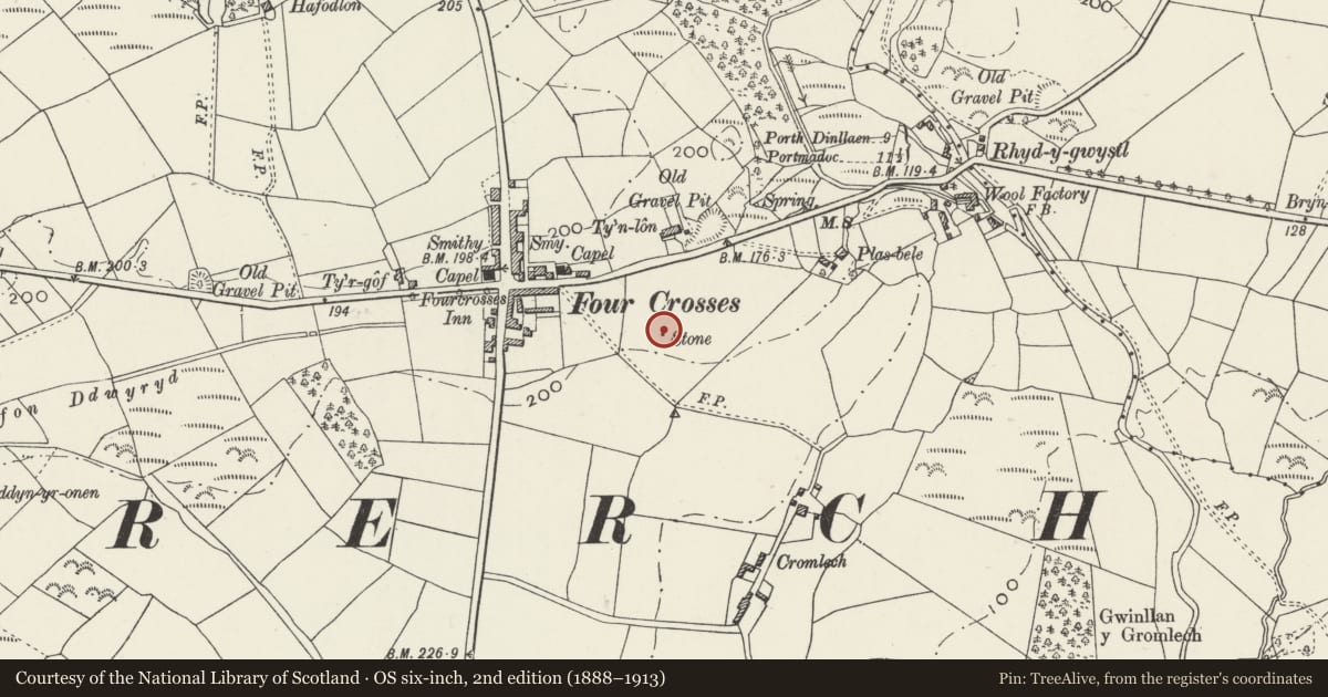 Ordnance Survey six-inch map, 2nd edition (1888–1913) covering the location of Four Crosses Standing Stone, Llannor, Gwynedd, with a pin at the register's coordinates