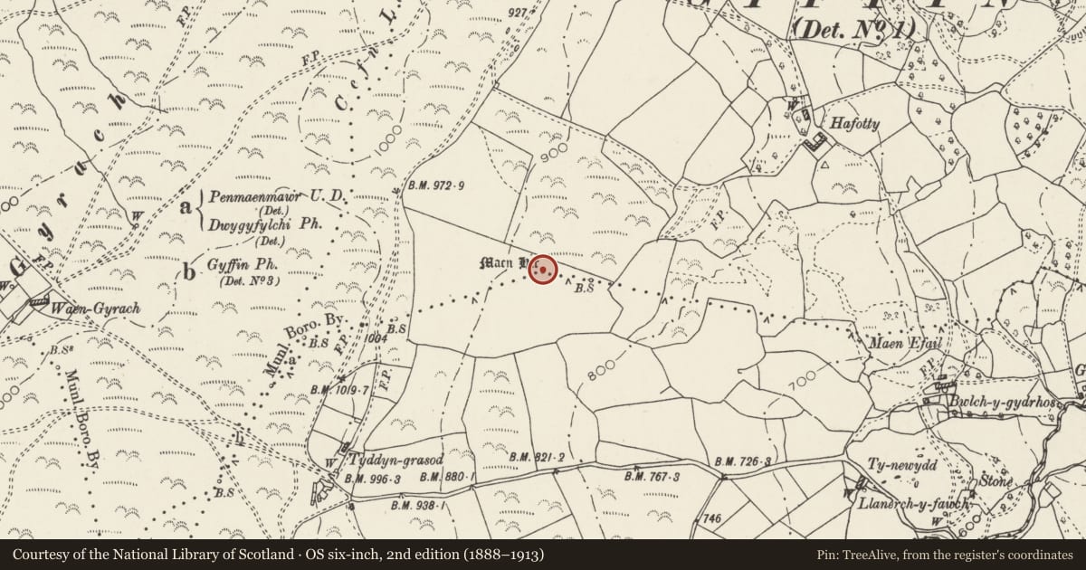 Ordnance Survey six-inch map, 2nd edition (1888–1913) covering the location of Hafotty Standing Stone, Henryd, Conwy, with a pin at the register's coordinates