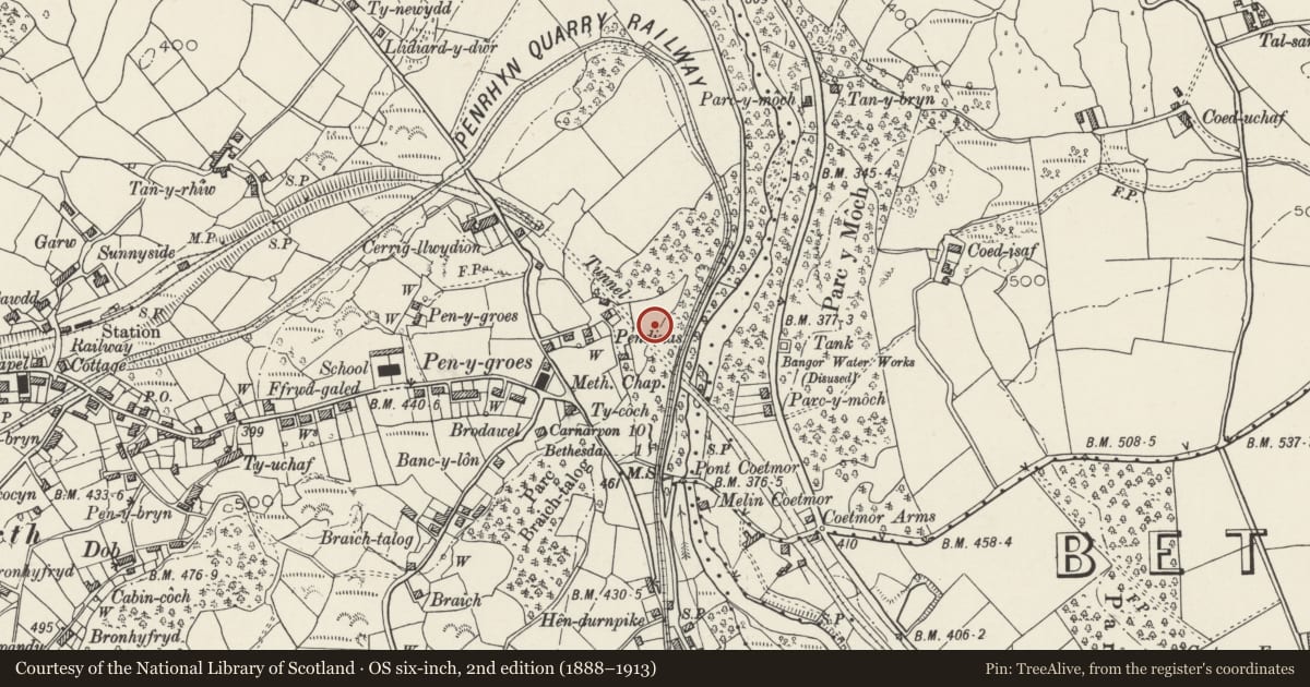 Ordnance Survey six-inch map, 2nd edition (1888–1913) covering the location of Pen Dinas Camp, Llandygai, Gwynedd, with a pin at the register's coordinates