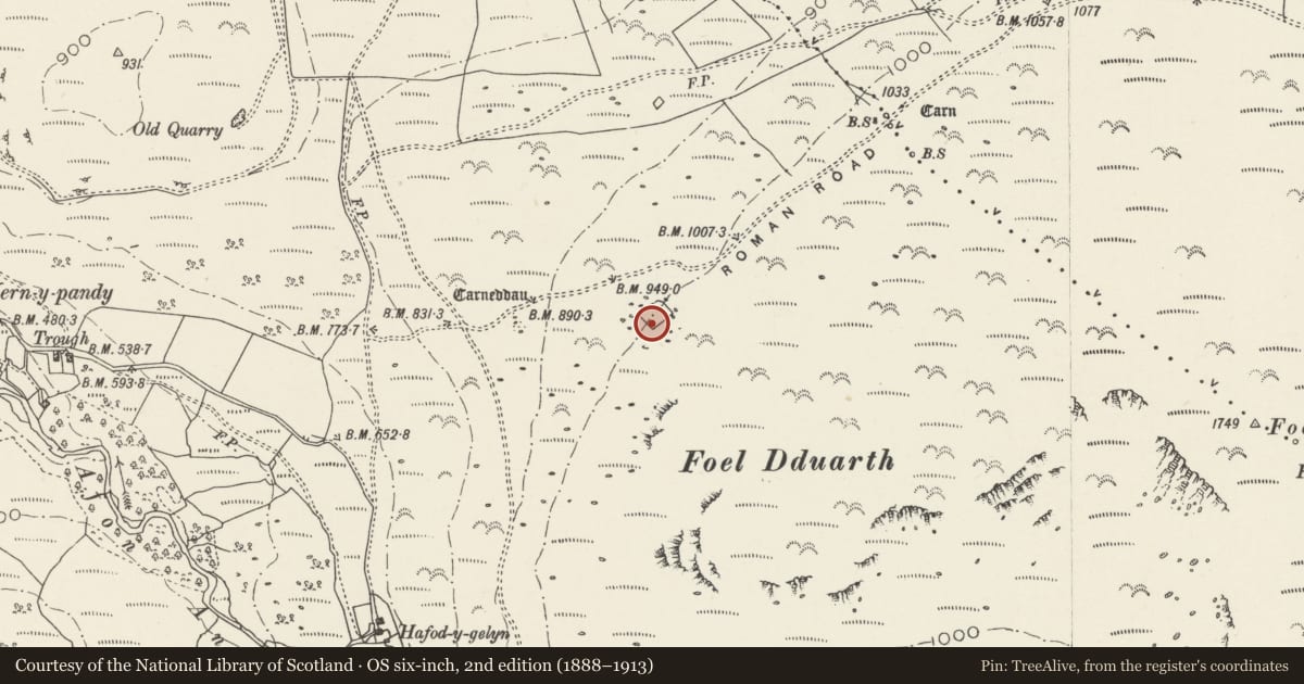 Ordnance Survey six-inch map, 2nd edition (1888–1913) covering the location of Foel Dduarth Enclosure, Aber, Gwynedd, with a pin at the register's coordinates