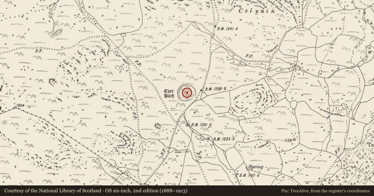 Ordnance Survey six-inch map, 2nd edition (1888–1913) covering the location of Caer Bach, Henryd, Conwy, with a pin at the register's coordinates