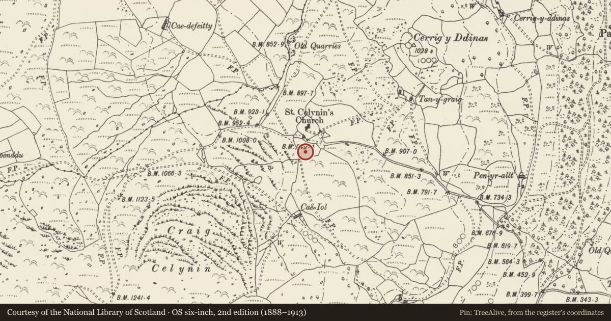 Ordnance Survey six-inch map, 2nd edition (1888–1913) covering the location of Round Hut 70m S of St Celynin's Church, Henryd, Conwy, with a pin at the register's coordinates