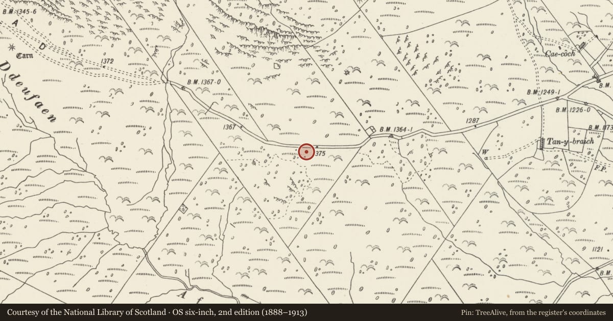 Ordnance Survey six-inch map, 2nd edition (1888–1913) covering the location of Cerrig Pryfaid Stone Circle, Caerhun, Conwy, with a pin at the register's coordinates