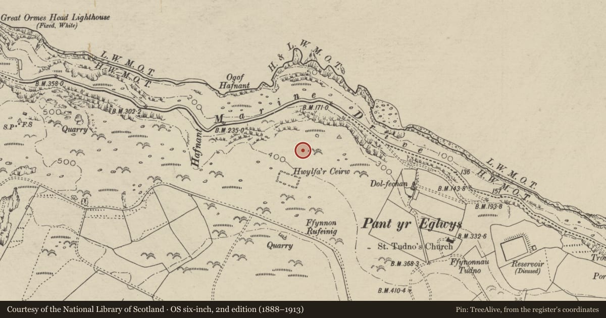 Ordnance Survey six-inch map, 2nd edition (1888–1913) covering the location of Hwylfa'r Ceirw Stone Alignment, Llandudno, Conwy, with a pin at the register's coordinates