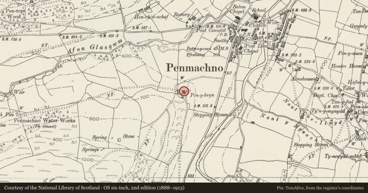 Ordnance Survey six-inch map, 2nd edition (1888–1913) covering the location of Barn N of Pen-y-Bryn, Bro Machno, Conwy, with a pin at the register's coordinates