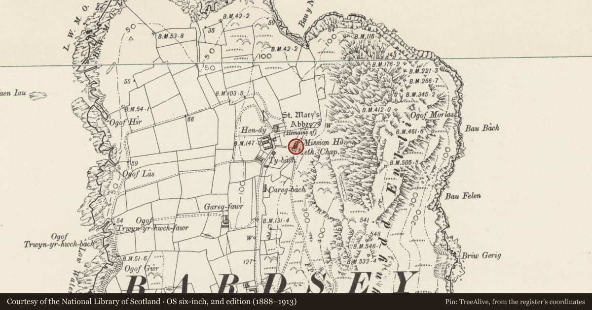 Ordnance Survey six-inch map, 2nd edition (1888–1913) covering the location of Cross-Inscribed Stone in the Chapel, Bardsey Island, Aberdaron, Gwynedd, with a pin at the register's coordinates