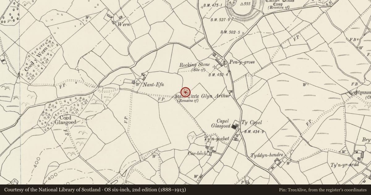 Ordnance Survey six-inch map, 2nd edition (1888–1913) covering the location of Glascoed Round Cairn, Llanddeiniolen, Gwynedd, with a pin at the register's coordinates