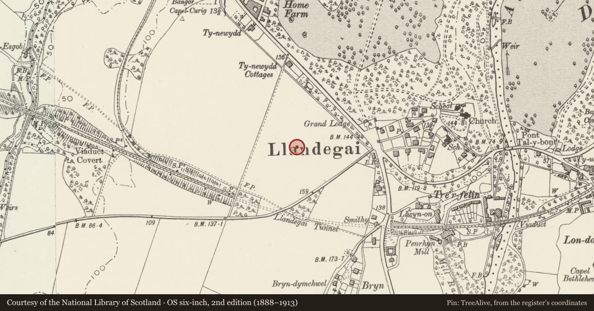 Ordnance Survey six-inch map, 2nd edition (1888–1913) covering the location of Henge Monument and Cursus, Llandygai, Gwynedd, with a pin at the register's coordinates