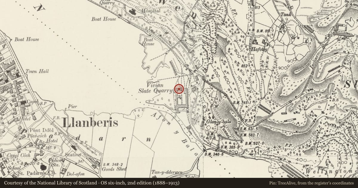 Ordnance Survey six-inch map, 2nd edition (1888–1913) covering the location of Dinorwic Quarry: Hafod Owen Winding Engine, Locomotive Shed, Main Waterwheel and Housing, Llanddeiniolen, Gwynedd, with a pin at the register's coordinates