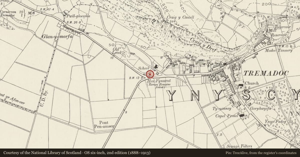 Ordnance Survey six-inch map, 2nd edition (1888–1913) covering the location of Roman Bath-House, Tremadoc, Porthmadog, Gwynedd, with a pin at the register's coordinates