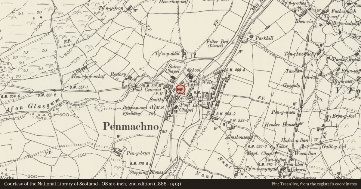 Ordnance Survey six-inch map, 2nd edition (1888–1913) covering the location of Six Inscribed Stones in St Tudclud's Church, Penmachno, Bro Machno, Conwy, with a pin at the register's coordinates