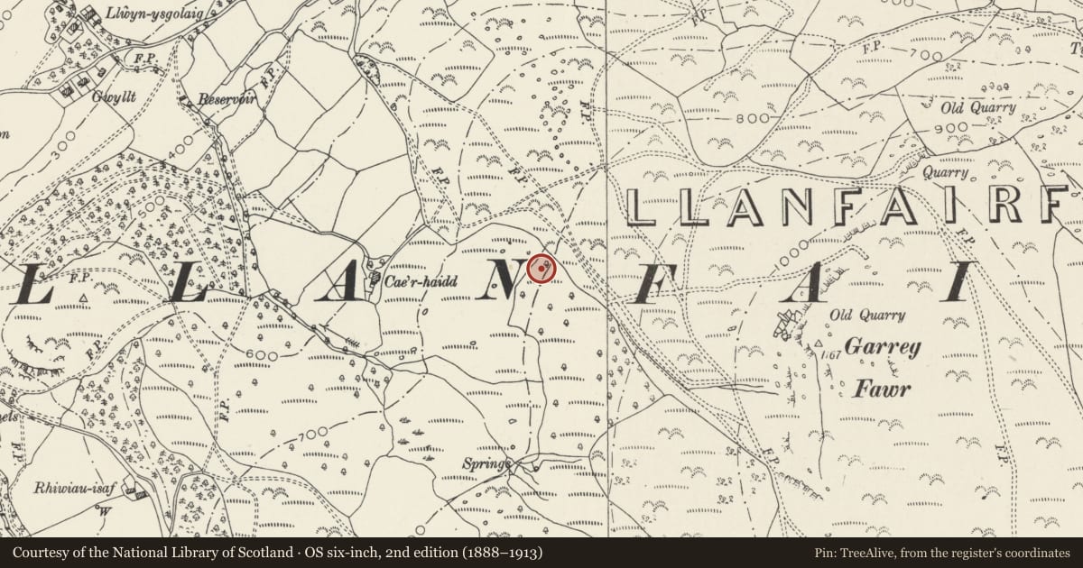 Ordnance Survey six-inch map, 2nd edition (1888–1913) covering the location of Garreg Fawr Hut Groups, Ancient Fields and Cairns, Llanfairfechan, Conwy, with a pin at the register's coordinates