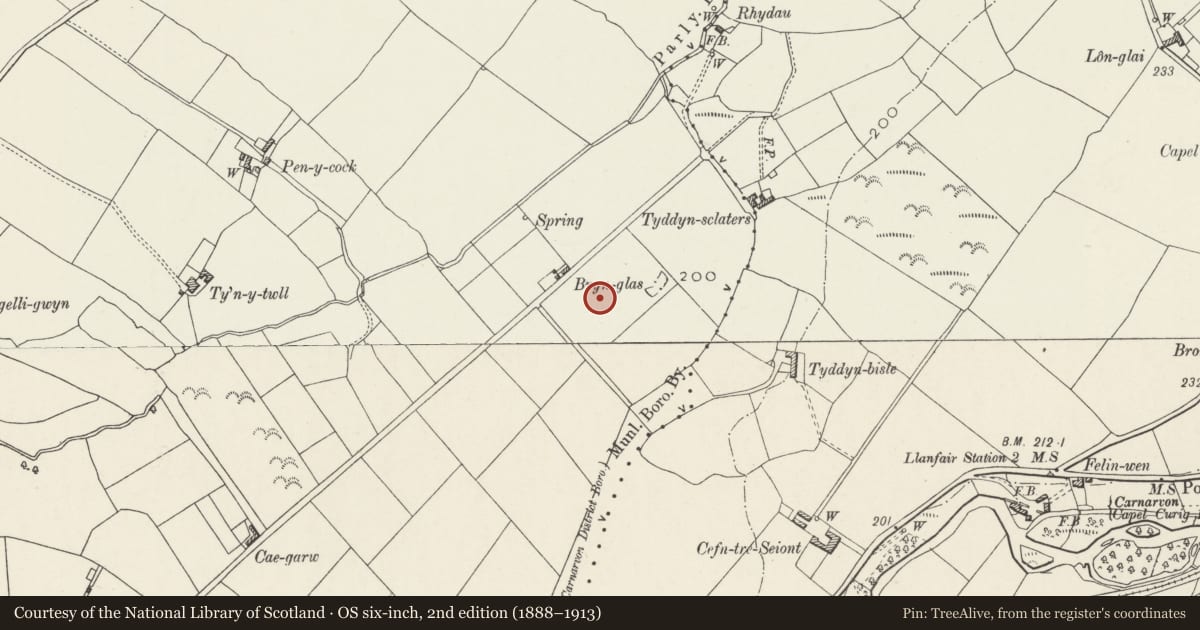 Ordnance Survey six-inch map, 2nd edition (1888–1913) covering the location of Bryn-Glas Roman Signal Station, Caernarfon, Gwynedd, with a pin at the register's coordinates