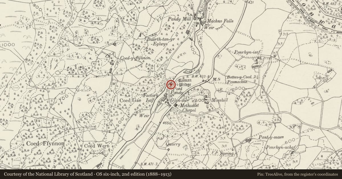 Ordnance Survey six-inch map, 2nd edition (1888–1913) covering the location of Roman Bridge Penmachno, Bro Machno, Conwy, with a pin at the register's coordinates
