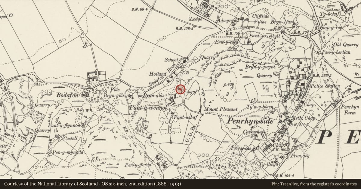 Ordnance Survey six-inch map, 2nd edition (1888–1913) covering the location of Ogof Pant-y-Wennol, Llandudno, Conwy, with a pin at the register's coordinates