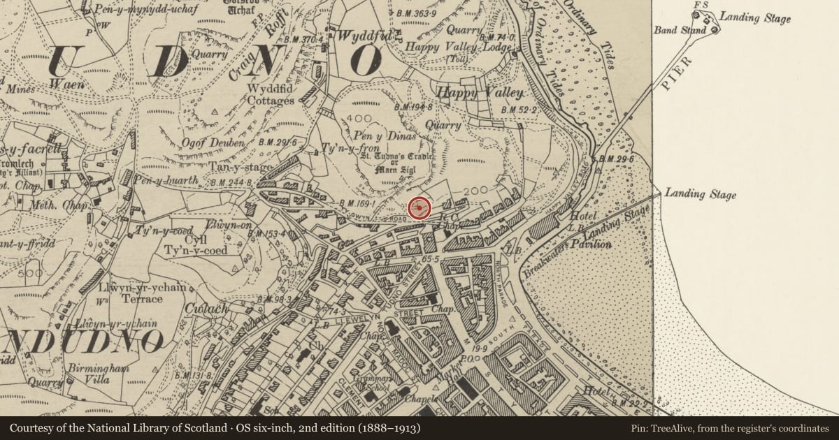 Ordnance Survey six-inch map, 2nd edition (1888–1913) covering the location of Kendricks Cave & Upper Kendricks Cave, Llandudno, Conwy, with a pin at the register's coordinates