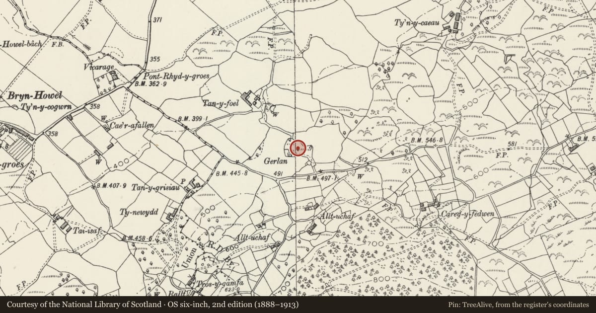 Ordnance Survey six-inch map, 2nd edition (1888–1913) covering the location of Gerlan Hut Group, Llandygai, Gwynedd, with a pin at the register's coordinates