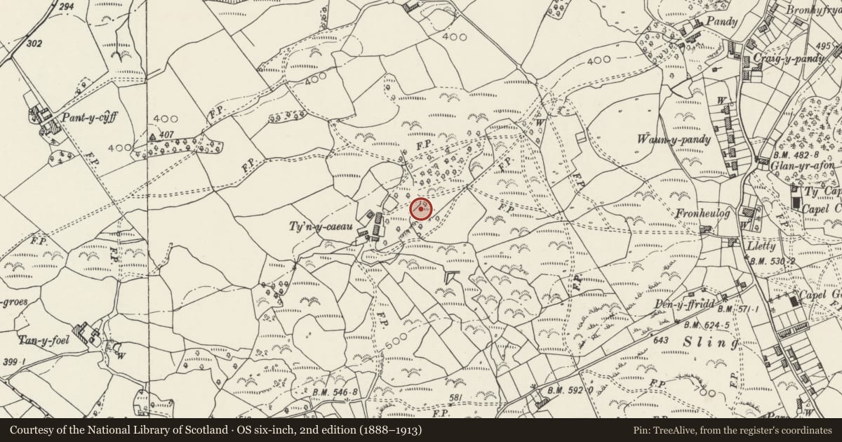 Ordnance Survey six-inch map, 2nd edition (1888–1913) covering the location of Caer Pencraig Fort, Llandygai, Gwynedd, with a pin at the register's coordinates