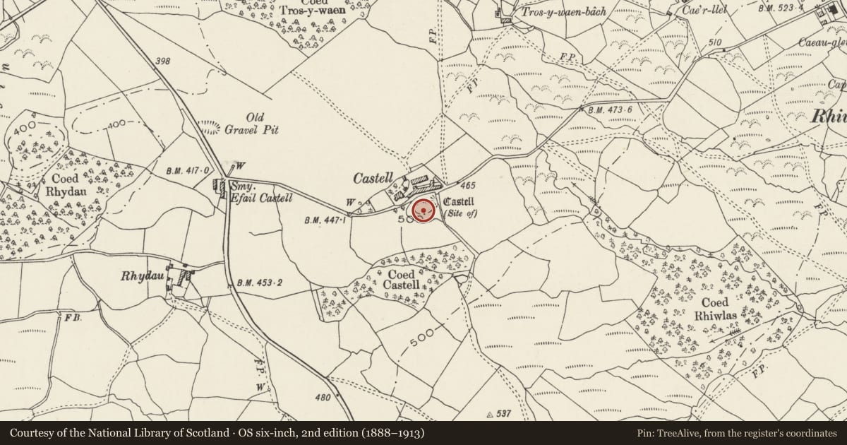 Ordnance Survey six-inch map, 2nd edition (1888–1913) covering the location of Castell Llanddeiniolen, Gwynedd, with a pin at the register's coordinates