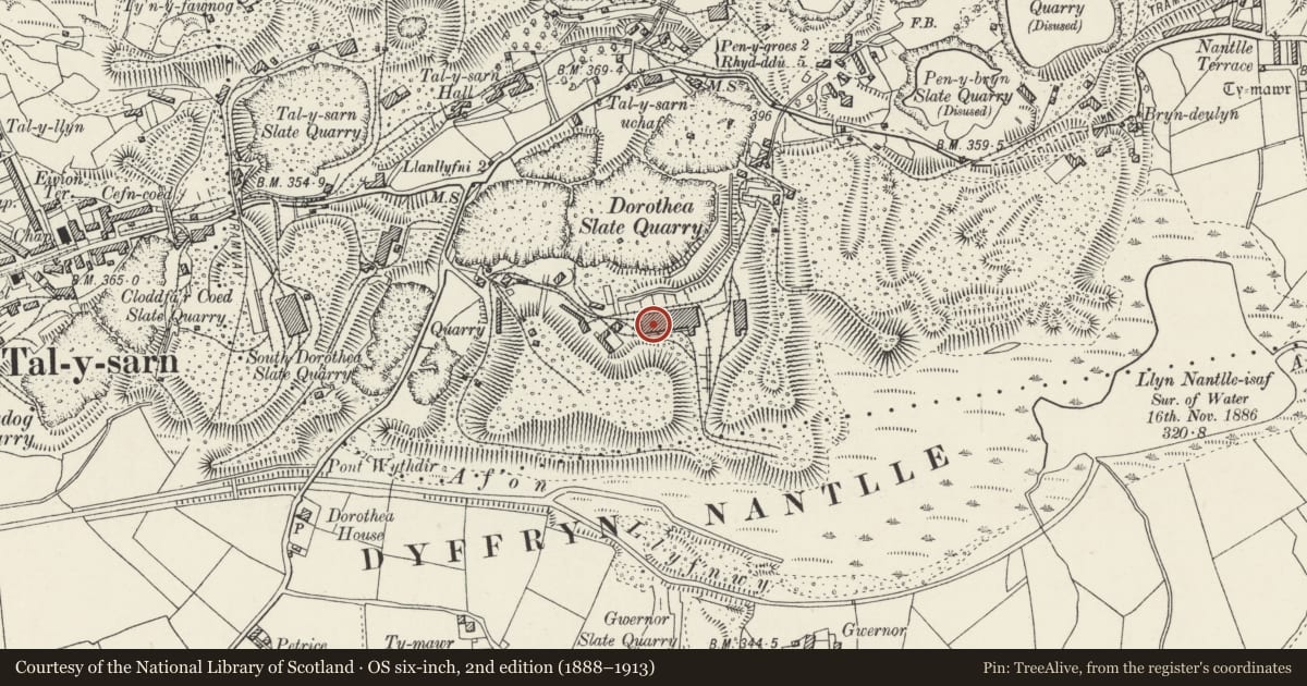 Ordnance Survey six-inch map, 2nd edition (1888–1913) covering the location of Dorothea Quarry, Pyramids, Inclines, Mill & Winding Houses, etc, Llanllyfni, Gwynedd, with a pin at the register's coordinates