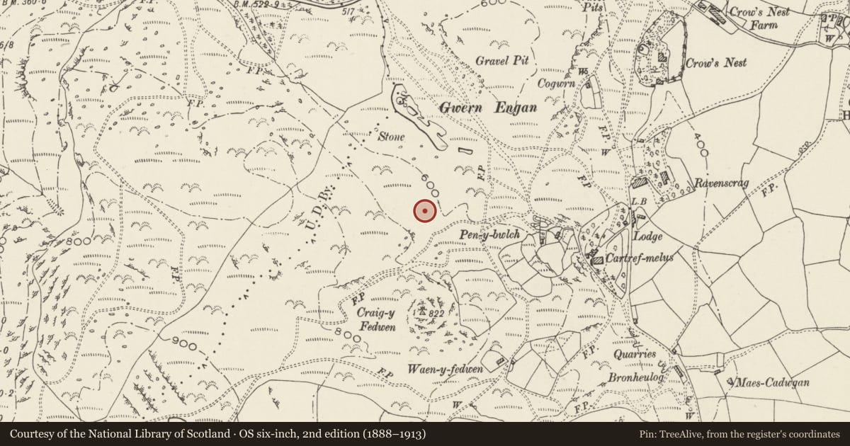 Ordnance Survey six-inch map, 2nd edition (1888–1913) covering the location of Hut Circle Settlement at Gwern Engan, Henryd, Conwy, with a pin at the register's coordinates