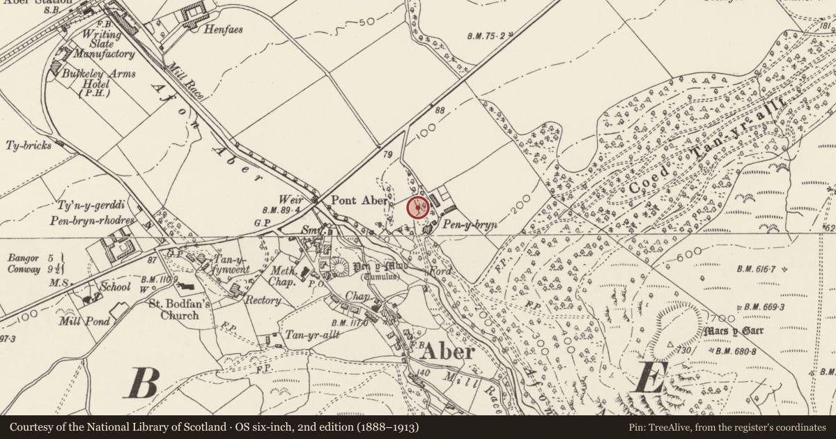 Ordnance Survey six-inch map, 2nd edition (1888–1913) covering the location of Enclosure & Associated Structures at Pen-y-Bryn, Aber, Gwynedd, with a pin at the register's coordinates