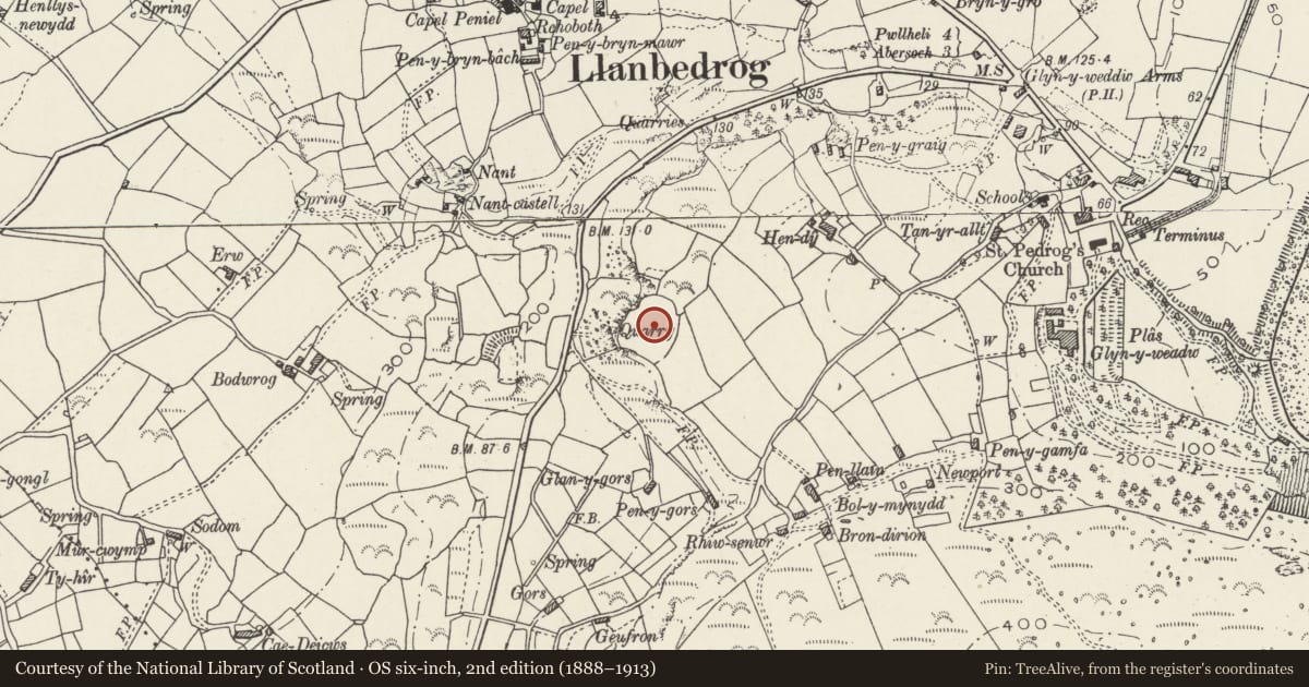 Ordnance Survey six-inch map, 2nd edition (1888–1913) covering the location of Pen-y-Gaer, Llanbedrog, Gwynedd, with a pin at the register's coordinates