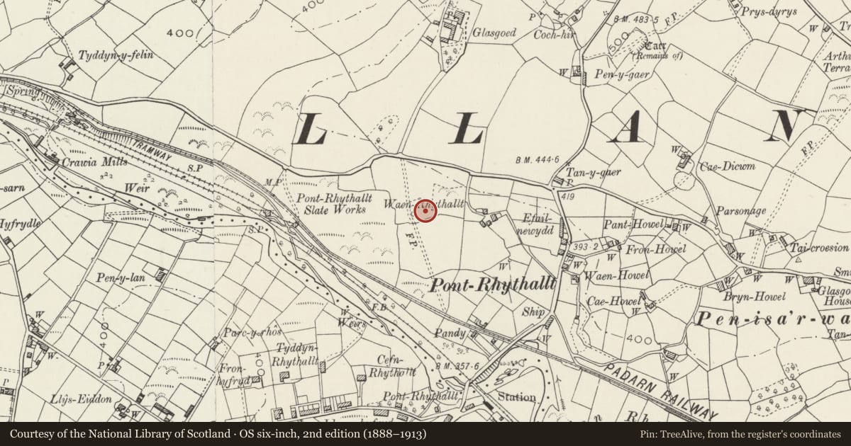 Ordnance Survey six-inch map, 2nd edition (1888–1913) covering the location of Settlement NW of Waen Rhythallt, Llanddeiniolen, Gwynedd, with a pin at the register's coordinates