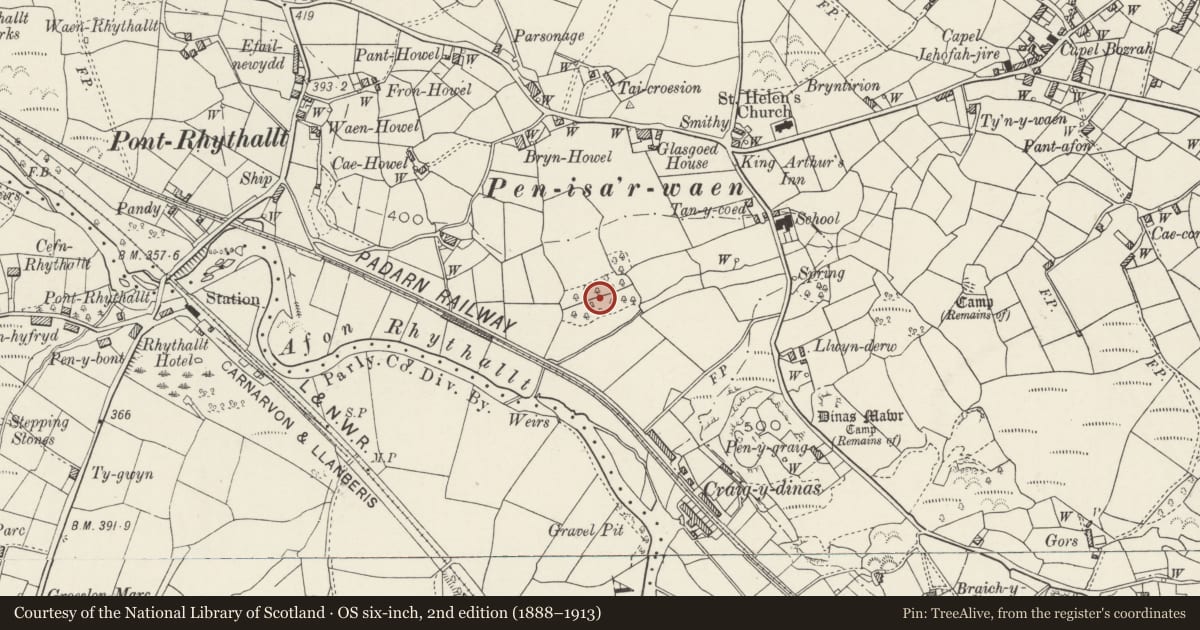 Ordnance Survey six-inch map, 2nd edition (1888–1913) covering the location of Hut Group Near Tan-y-Coed Pont Rhythallt, Llanddeiniolen, Gwynedd, with a pin at the register's coordinates