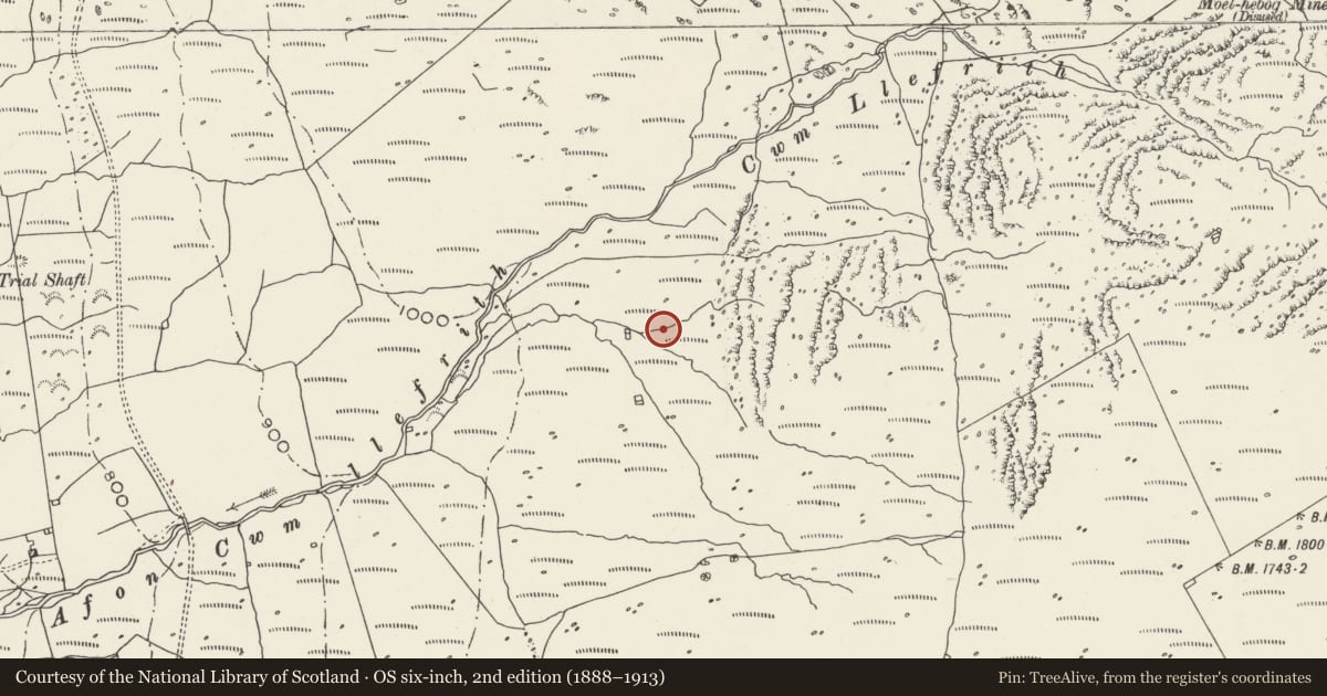 Ordnance Survey six-inch map, 2nd edition (1888–1913) covering the location of Huts and Enclosures, Cwm Llefrith, Dolbenmaen, Gwynedd, with a pin at the register's coordinates
