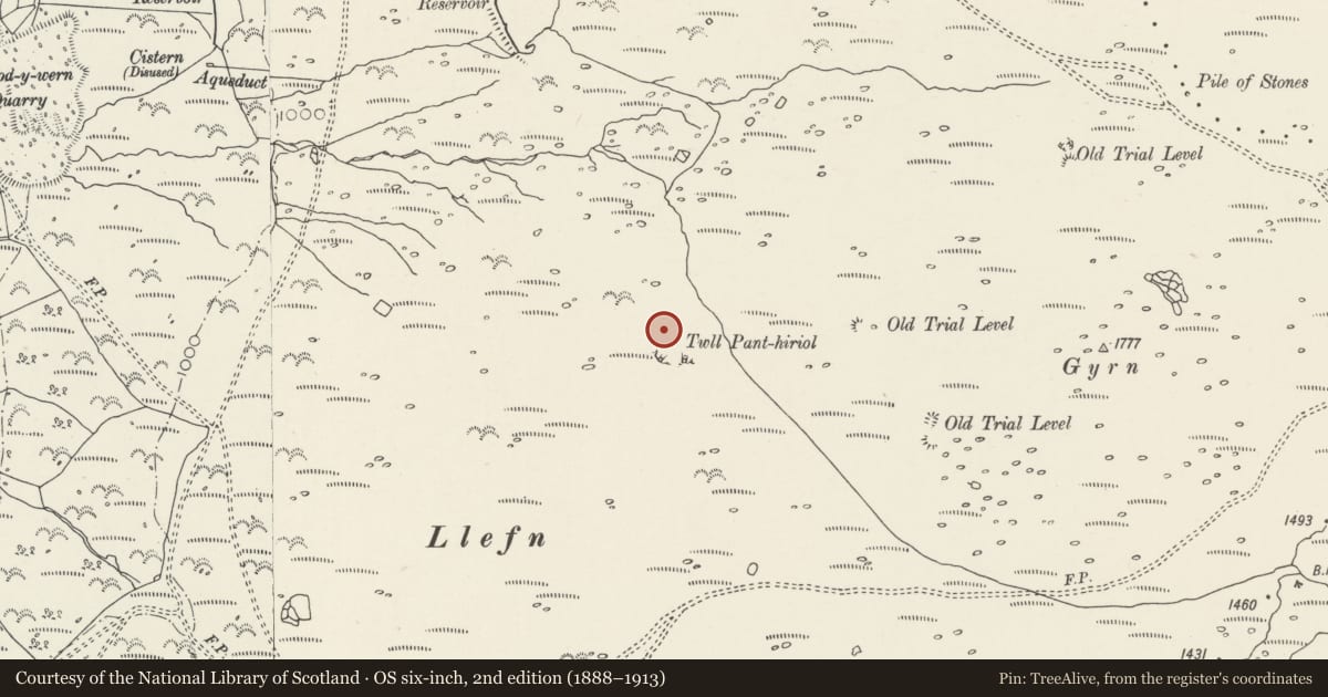 Ordnance Survey six-inch map, 2nd edition (1888–1913) covering the location of Hut Circle at Twll Pant-Hiriol, Llanllechid, Gwynedd, with a pin at the register's coordinates