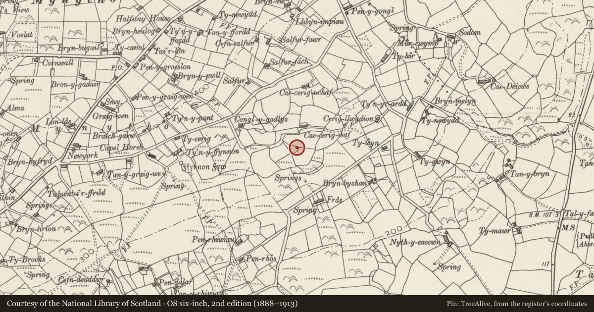 Ordnance Survey six-inch map, 2nd edition (1888–1913) covering the location of Hut Circle at Cae-Cerig-Isaf, Llanbedrog, Gwynedd, with a pin at the register's coordinates