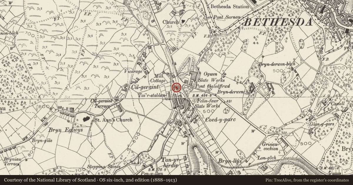 Ordnance Survey six-inch map, 2nd edition (1888–1913) covering the location of Slate Gwaliau at Felin Fawr, Penrhyn, Llandygai, Gwynedd, with a pin at the register's coordinates