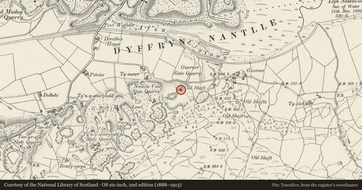 Ordnance Survey six-inch map, 2nd edition (1888–1913) covering the location of Ty Mawr East Slate Quarry Winding Engine House, Llanllyfni, Gwynedd, with a pin at the register's coordinates