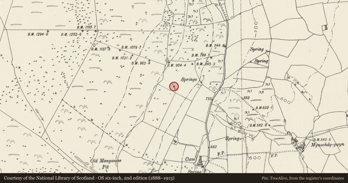 Ordnance Survey six-inch map, 2nd edition (1888–1913) covering the location of Long Hut North of Cwm Farm, Clynnog, Gwynedd, with a pin at the register's coordinates
