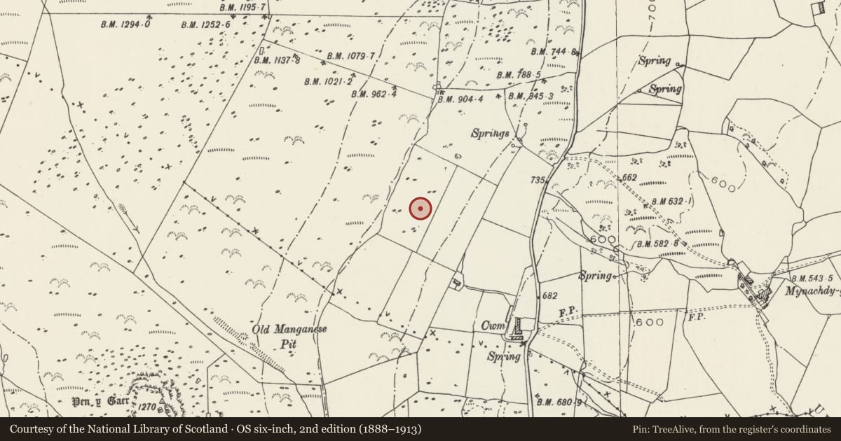 Ordnance Survey six-inch map, 2nd edition (1888–1913) covering the location of Enclosed Hut Group North West of Cwm Farm, Clynnog, Gwynedd, with a pin at the register's coordinates