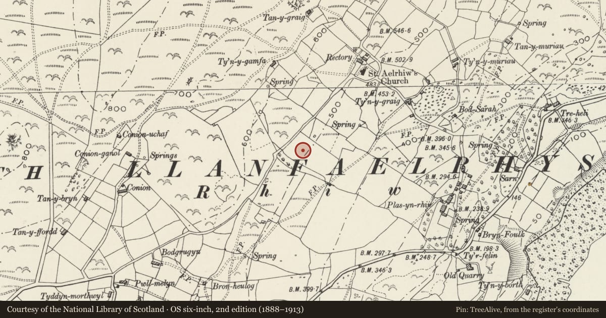 Ordnance Survey six-inch map, 2nd edition (1888–1913) covering the location of Long House South of Talarfor, Aberdaron, Gwynedd, with a pin at the register's coordinates