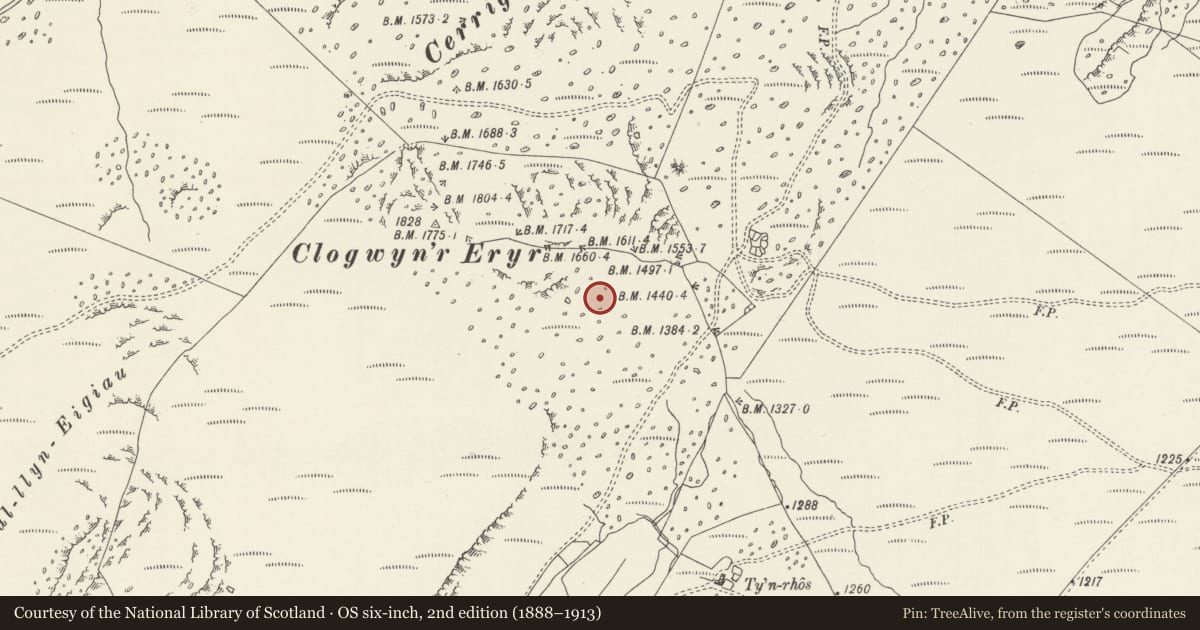 Ordnance Survey six-inch map, 2nd edition (1888–1913) covering the location of Clogwyn yr Eryr Deserted Rural Settlement, Caerhun, Conwy, with a pin at the register's coordinates