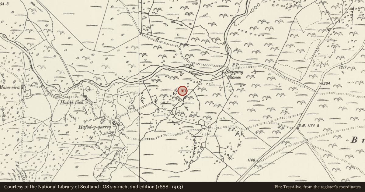 Ordnance Survey six-inch map, 2nd edition (1888–1913) covering the location of Hafod y Garreg Deserted Rural Settlement, Caerhun, Conwy, with a pin at the register's coordinates