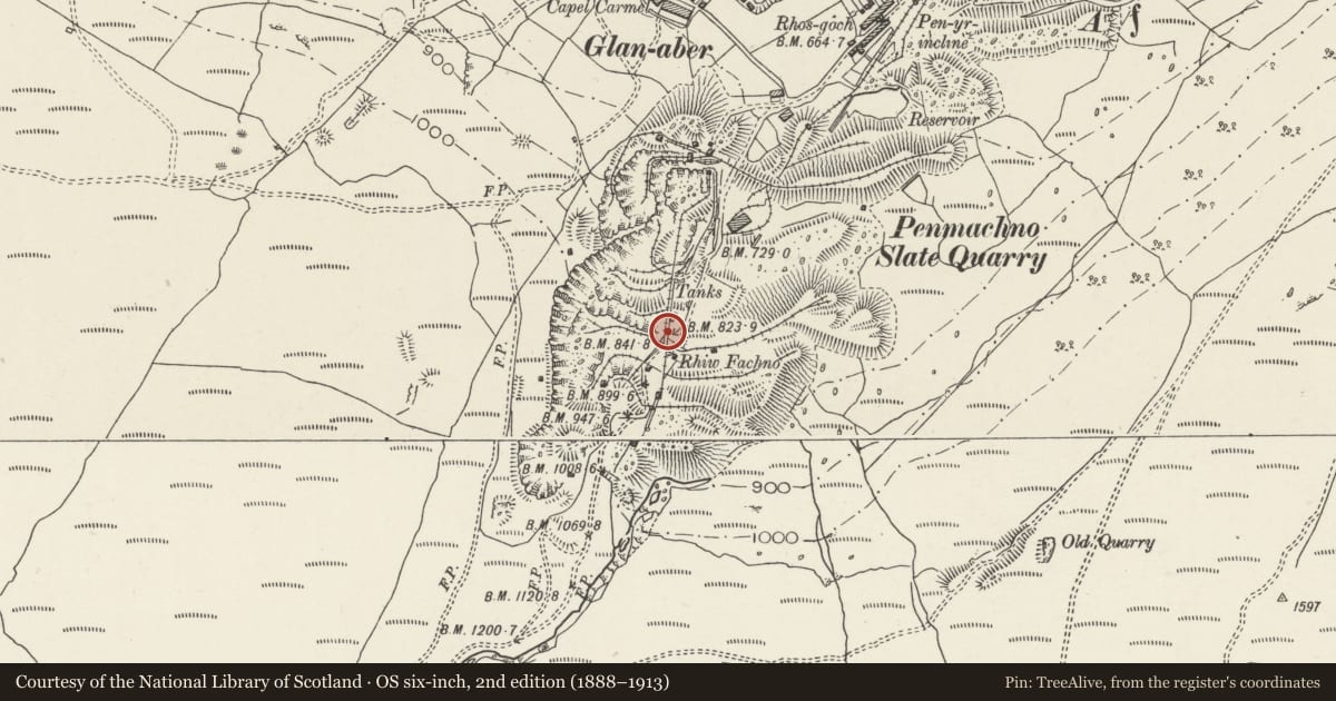 Ordnance Survey six-inch map, 2nd edition (1888–1913) covering the location of Cwm Penmachno Slate Quarry Incline, Bro Machno, Conwy, with a pin at the register's coordinates