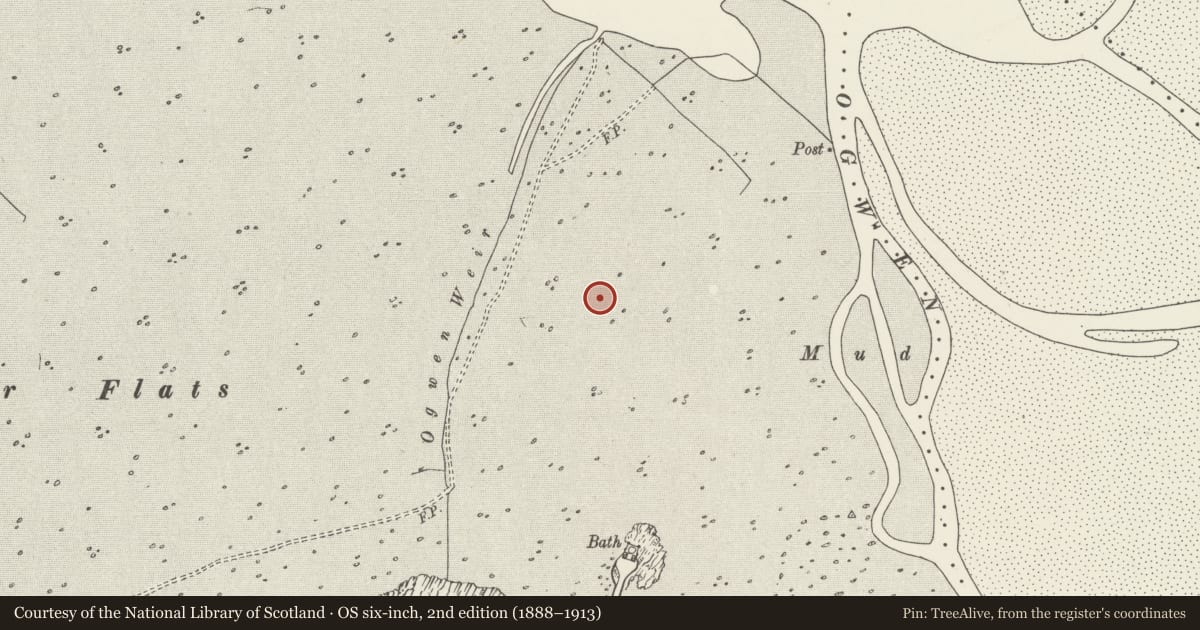 Ordnance Survey six-inch map, 2nd edition (1888–1913) covering the location of Ogwen Fish Weir, Llandygai, Gwynedd, with a pin at the register's coordinates